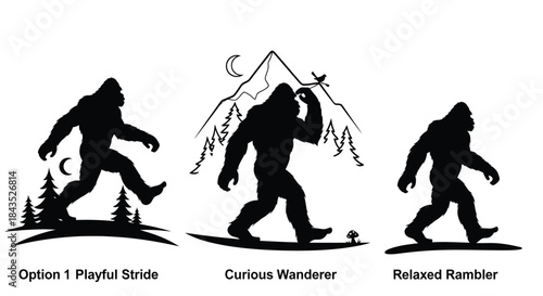 Graphic collection featuring mythical forest cryptid silhouettes in various walking stances, from playful strides to curious wanderings through mountainous wilderness
