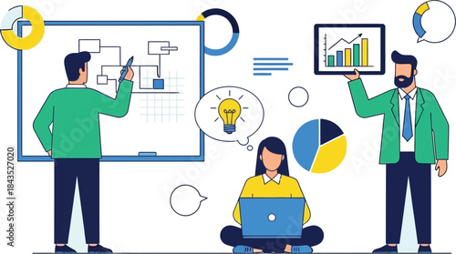 Adobe Illustrator Artwork  cartoon style, young man standing presenting on whiteboard with colorful charts and graphs, young woman working on laptop, businessmen standing in office, vibrant colors, cl