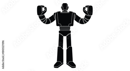 Powerful Retro Robot Silhouette with Raised Arms, Black and White Icon Illustration of a Strong Mechanic Figure