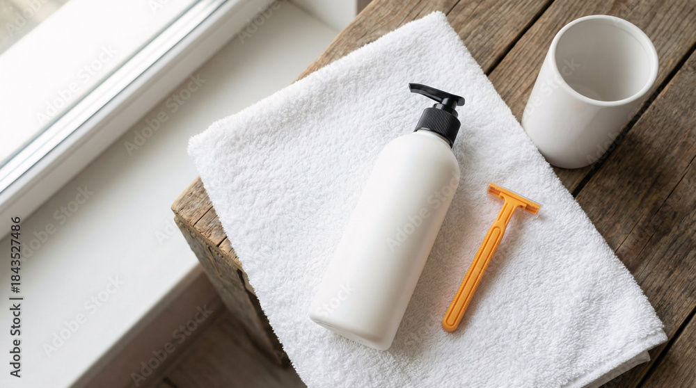 Naklejka premium Shaving razor, aftershave bottle and white towel on wooden bathroom counter, men grooming and hygiene concept.
