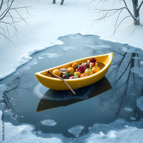 AI Winter Fruit Boat. Illustration by AI, winter background with light frosty mood, on a slightly frozen pond a lemon-shaped boat with fruits and gifts, soft cold light, calm peaceful atmosphere