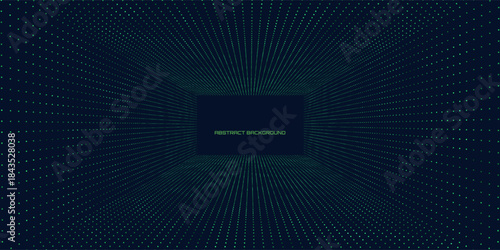 Futuristic rectangular tunnel of shining green point in dark background. Glowing points geometric tunnel. Abstract cyberspace background.