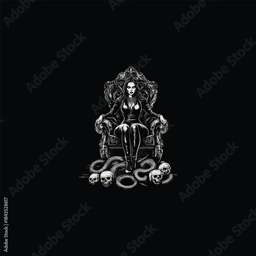 Powerful gothic woman sitting on a luxurious throne with human skulls and ink splatter effects in high-contrast black and white style