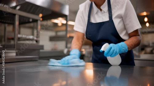 Restaurant kitchen staff diligently sanitizing stainless steel counter with spray and cloth, concept for hygiene protocols, food safety compliance and professional cleaning services