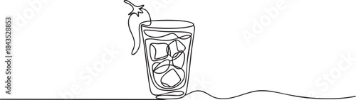 Continuous line art illustration of a Bloody Mary glass with chili pepper garnish in a minimalist elegant outline style, vector illustration