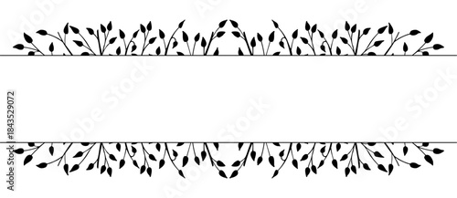 Spring background, frame of floral tree branch, leaf, plants. Elegant, stylish elements for Decoration. Hand drawing doodles of vintage botanical elements. Space for text