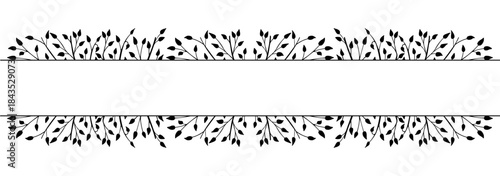 Spring background, frame of floral tree branch, leaf, plants. Elegant, stylish elements for Decoration. Hand drawing doodles of vintage botanical elements. Space for text