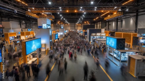 High angle view of a massive crowd of business professionals attending a large technology trade show in a modern exhibition hall concept for product launch, industry conference and corporate marketing