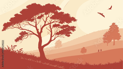 Warm Monochrome Sunset or Sunrise Landscape Illustration with Tree Silhouette, Hills, and Birds