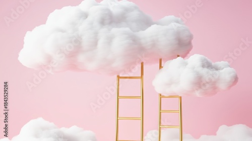 Clouds and golden ladders against a pink background