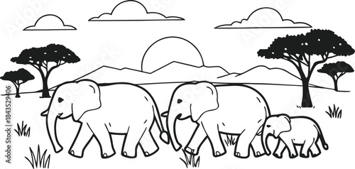 Wild Elephant Family Silhouette Against Sunset Sky Nature Vector Design