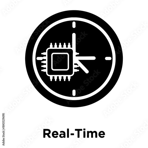 Clock face with a microchip overlaying the number twelve, representing real time processing and technology