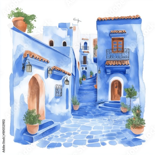 Chefchaouen Blue City. Chefchaouen Blue City hand drawn watercolor illustration on white background