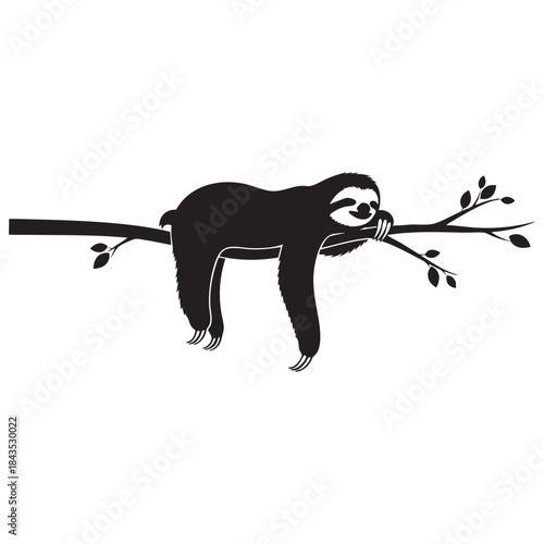 Cute sloth sleeping on tree branch silhouette. Lazy animal resting vector illustration in black and white style.