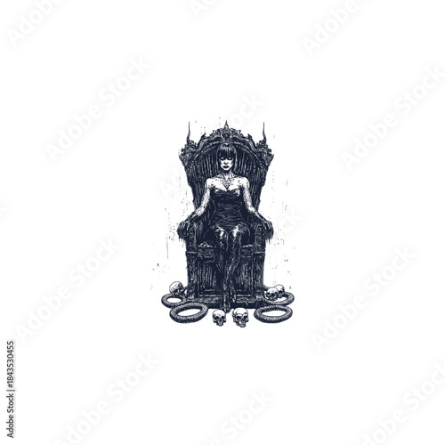 Powerful gothic woman sitting on a luxurious throne with human skulls and ink splatter effects in high-contrast black and white style