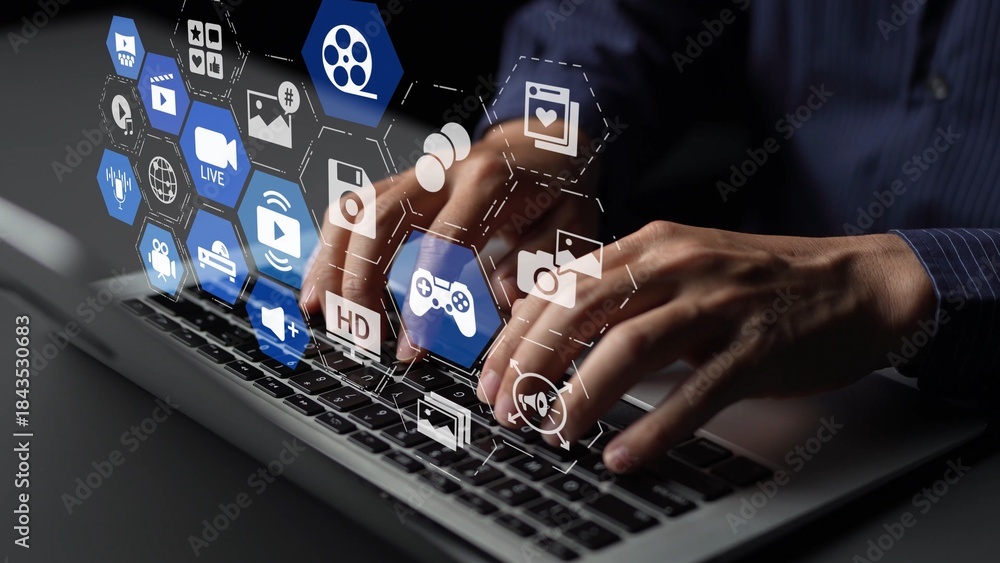Fototapeta premium Multimedia technology with video, audio, photo and streaming icons representing digital media, communication and online platforms in a modern multimedia world. Funnel