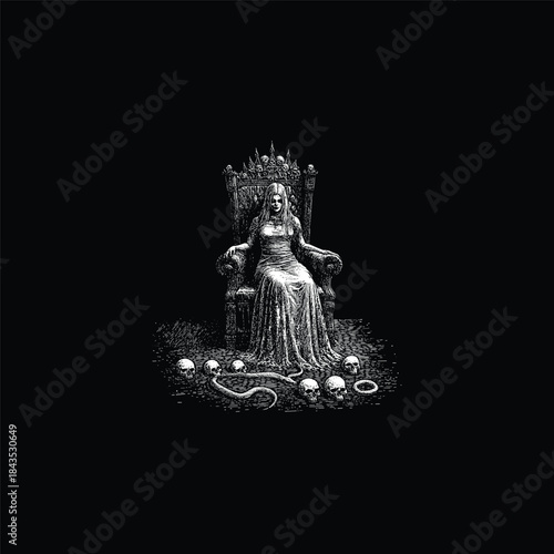 Powerful gothic woman sitting on a luxurious throne with human skulls and ink splatter effects in high-contrast black and white style