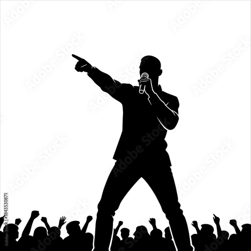 Silhouette of a performer engaging with a cheering crowd, ideal for concert, music, and event themes, vector