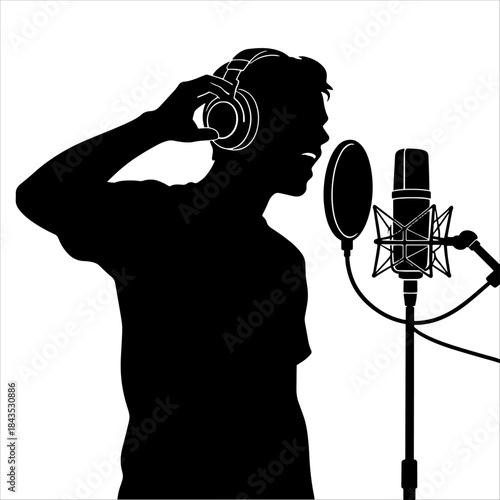 Silhouette of a singer recording vocals with headphones and studio mic, ideal for music and podcast themes, vector