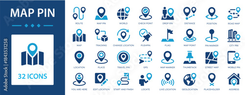 Map pin flat icons collection. Route, map, GPS, place, locate, street map, pushpin, flag, position, geolocation, pin marker, address sign set.