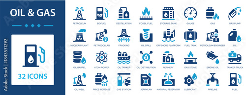 Oil and Gas flat icons collection. Jerrycan, fuel, petroleum, fracking, refinery, oil well, gas station, oil drill, fuel tank, gas pump, fossil fuel sign set.