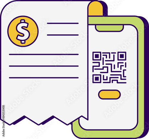 Digital payment receipt scan with phone and dollar coin modern icon design