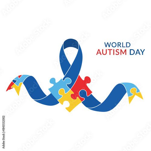 World Autism Awareness Day banner with blue ribbon and colorful puzzle pieces vector illustration