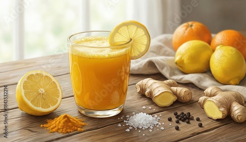 Digital illustration of healthy lemon, turmeric and ginger juice on a rustic wooden surface, surrounded by fresh ingredients, highlighting natural detox and wellness benefits.