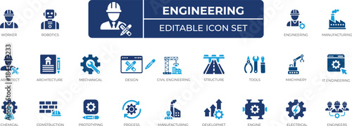 Engineering icon set with construction,blueprint, measurement, planning, measure,tools, mechanical, technical symbols. clean vector icons for apps, web, and presentations.