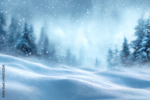 Wallpaper Mural A serene winter landscape featuring soft snow covering the ground, with snowflakes falling and evergreen trees in the background, creating a tranquil atmosphere. Torontodigital.ca