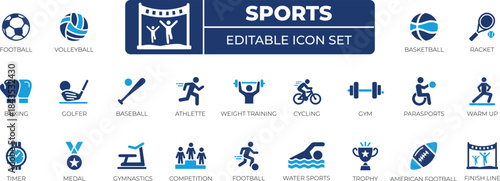Sports icon set with fitness, training, competition, football, baseball, gymnastics, volleyball, achievement, coach, ,team sports symbols. clean vector icons for apps, web, and branding.