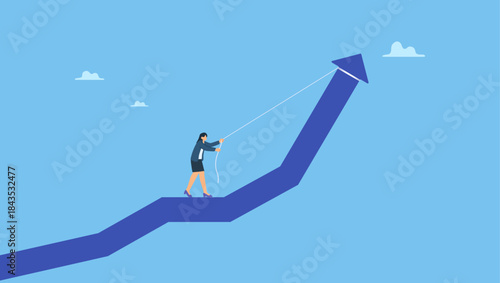 Businesswoman pulling performance graph rising up with full effort. Increase sales or investment profit, growth or improvement, financial interest rate or crypto and stock market return.
