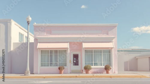 Fototapeta Naklejka Na Ścianę i Meble -  Small pink building on the corner of a street. the building has a white door and two windows with white curtains. there are two potted plants on either side of the door.
