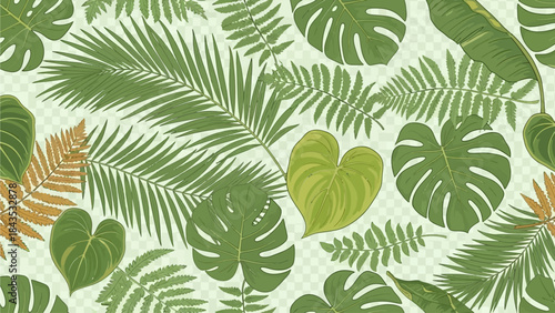 A vibrant seamless pattern featuring an assortment of lush green tropical leaves, including palms, monsteras, and ferns, on a light background.