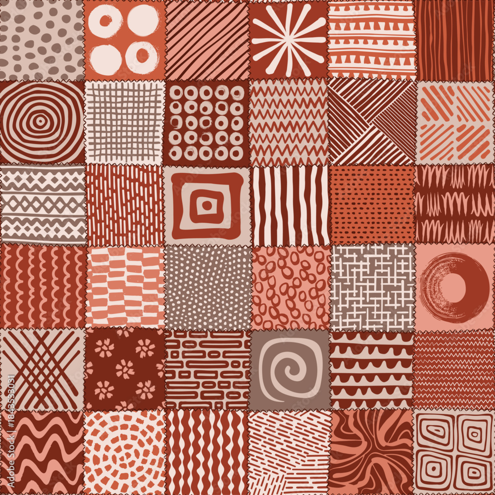 Obraz premium Line Doodle Seamless Pattern 95 - Maximalist Patchwork Terracotta
