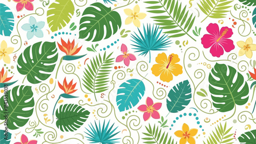 A vibrant seamless pattern featuring various tropical leaves and colorful flowers like hibiscus and bird of paradise, perfect for summer designs.