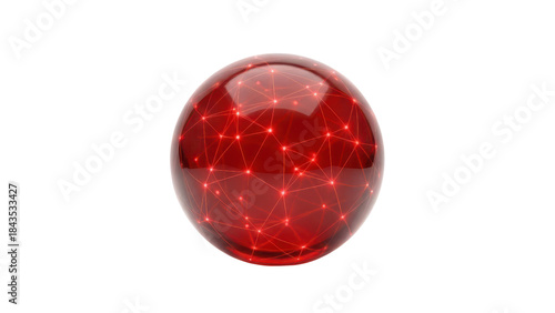 Abstract Red Glossy Sphere 3D Render with Glowing Network Connection isolated PNG with Transparent Background