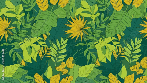 Seamless pattern of various green and yellow tropical leaves creating a vibrant jungle background illustration.