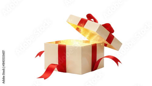 Surprise Open Gift Box with Bright Golden Glow and Red Ribbon isolated PNG with Transparent Background