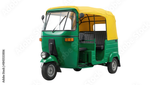 Classic Green and Yellow Three-Wheeler Auto Rickshaw isolated PNG with Transparent Background