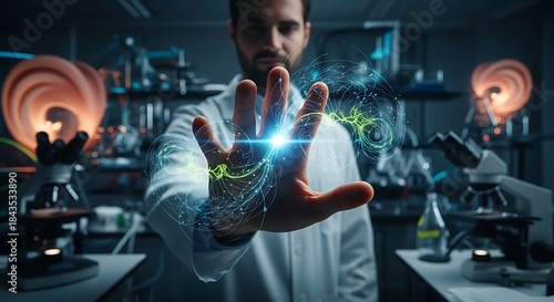 A scientist interacts with advanced holographic technology in a futuristic laboratory setting, showcasing innovation and discovery