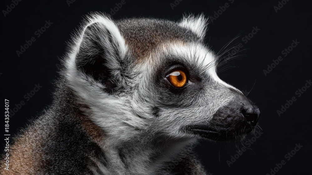Fototapeta premium Close view of a lemur with bright eyes showing its features in a dark setting during a studio shoot