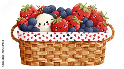 Wallpaper Mural Smiling strawberries blueberries and white fruit in woven basket with star patterned lining smiling faces Torontodigital.ca