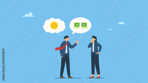 Businessman liar talk about big profit while think of small money in reality. Exaggeration lying about investment profit, income or financial scam, extreme politics story, trap or pitfall.