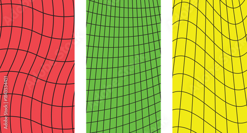 Colorful wavy grid patterns in red, green and yellow with black lines