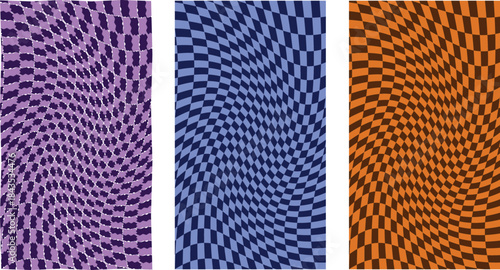 Multicolor optical illusion with wavy checkered patterns in purple, blue and orange