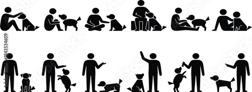 Human dog interaction, silhouette illustration, pet training pose, black icon set, companionship moment, animal behavior graphic, loyalty bond, playful gestureHuman dog interaction, 