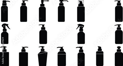 Bottle icon set, dispenser silhouette, pump bottle vector, spray container graphic, black packaging design, personal care product, cleaning supply illustrationBottle icon set, dispenser silhouette