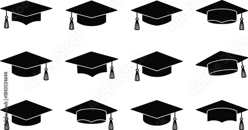 Graduation cap collection, mortarboard variations, academic symbol, tassel detail, black and white sketch, education icon, student success, ceremony illustrationGraduation cap collection