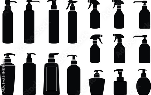 Bottle icon set, dispenser silhouette, pump bottle illustration, spray container design, black packaging graphic, personal care product, cleaning supply vectorBottle icon set, dispenser silhouette